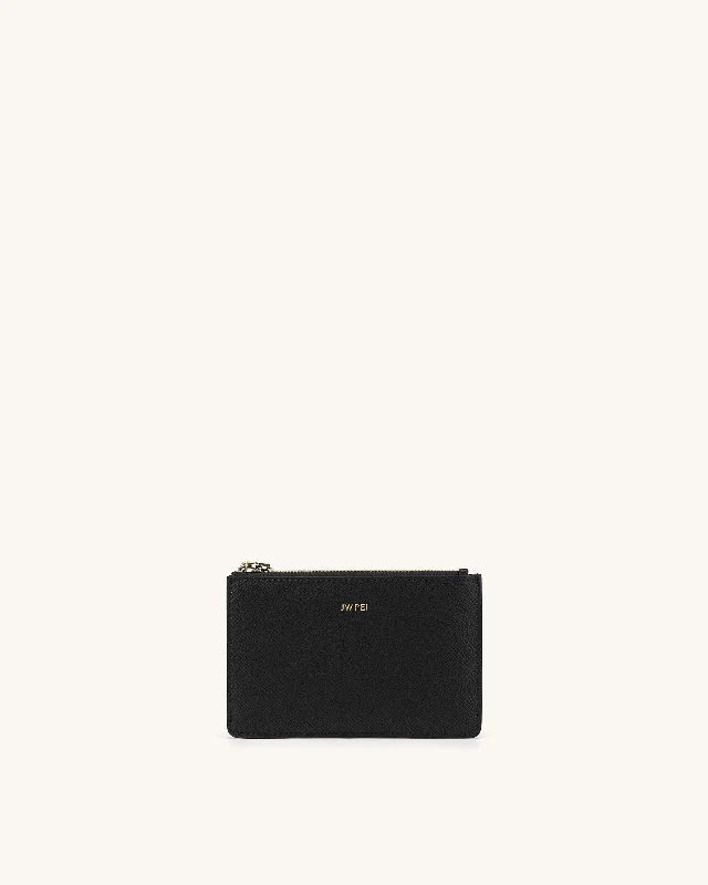 Quinn Zipped Card Holder- Black Grained Vegan Leather