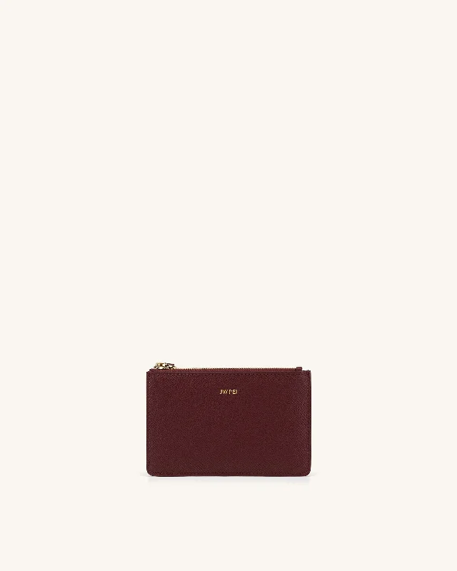 Quinn Zipped Card Holder- Burgundy Grained Vegan Leather