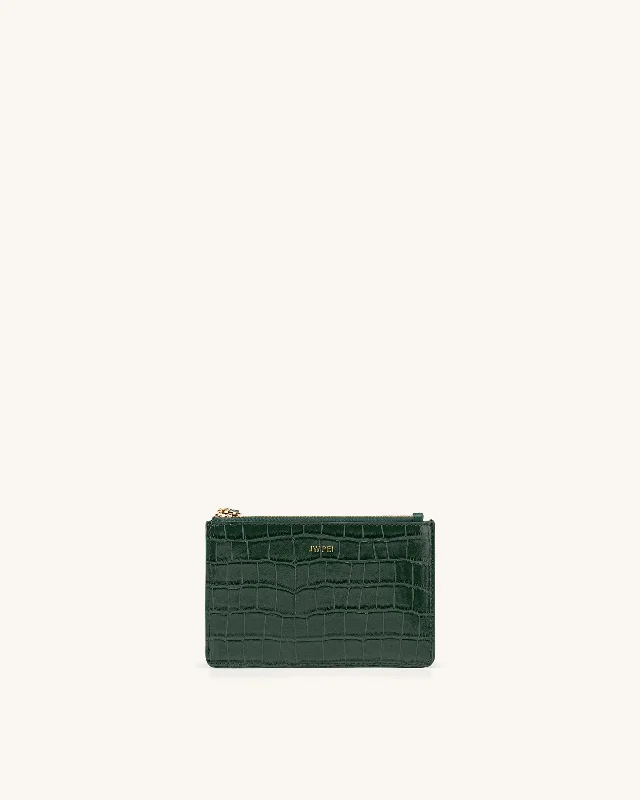 Quinn Zipped Card Holder- Dark Green Croc